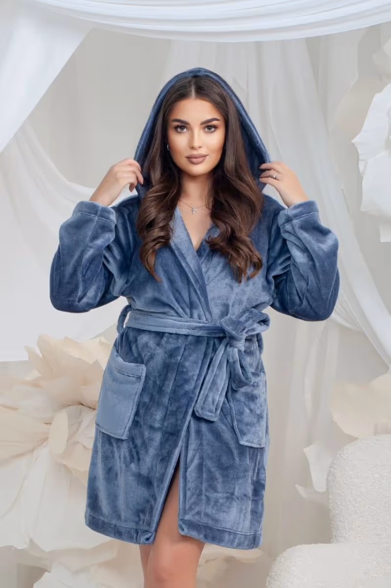 Халат жіночий махровий з капюшоном сірий модель 26 L/XL — фото 1, колір Сірий