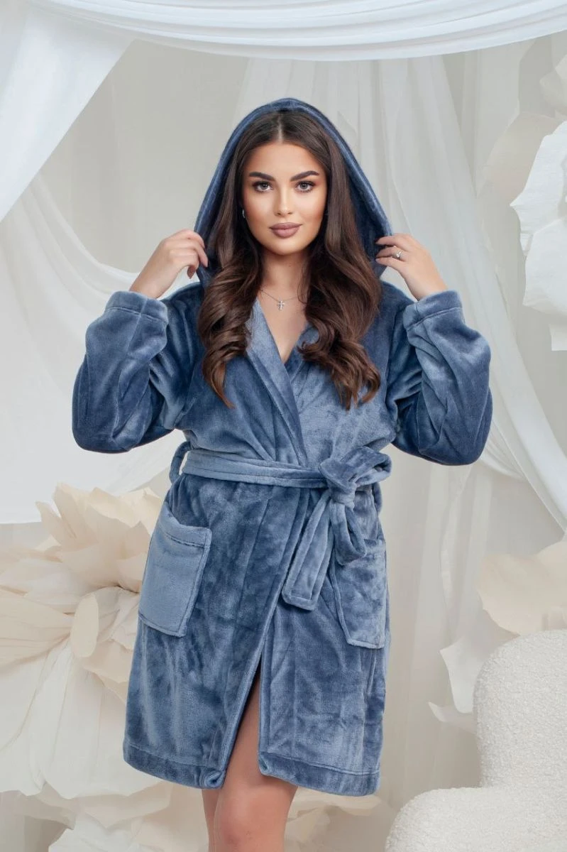 Халат жіночий махровий з капюшоном сірий модель 26 L/XL — фото 1, колір Сірий