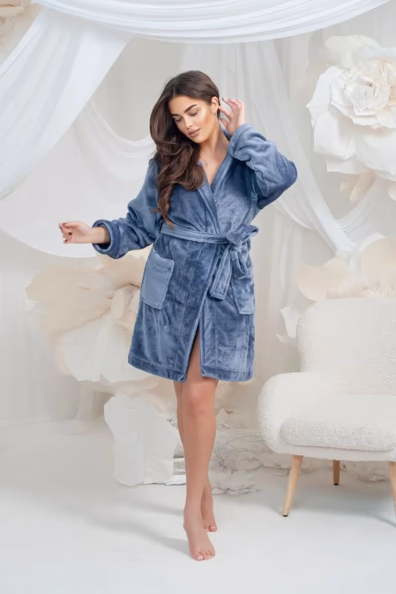 Халат жіночий махровий з капюшоном сірий модель 26 L/XL — фото 2, колір Сірий