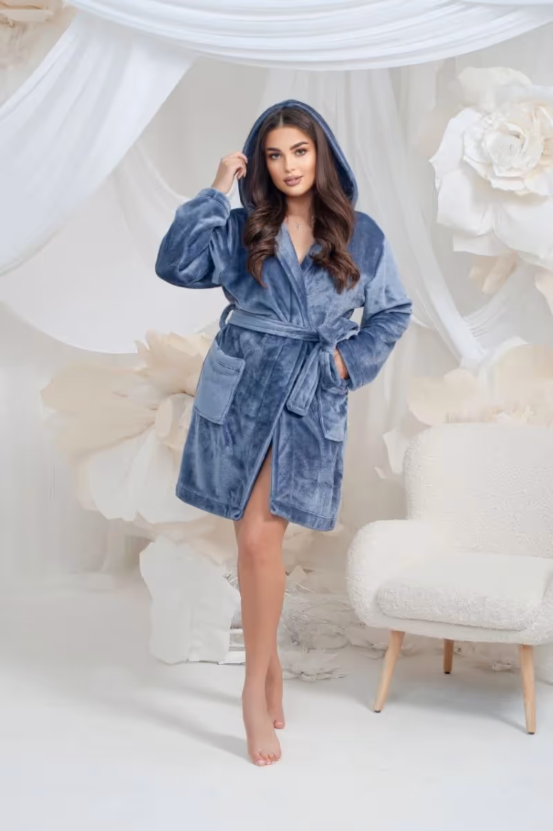 Халат жіночий махровий з капюшоном сірий модель 26 L/XL — фото 3, колір Сірий