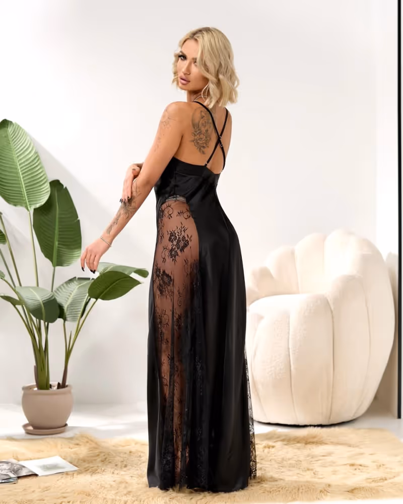 Довга чорна шовкова жіноча сорочка Lingerie модель 773 M — фото 2, колір Чорний
