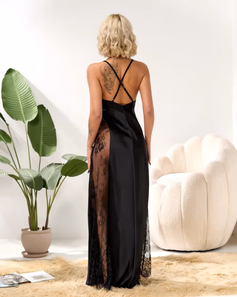 Довга чорна шовкова жіноча сорочка Lingerie модель 773 M — фото 3, колір Чорний