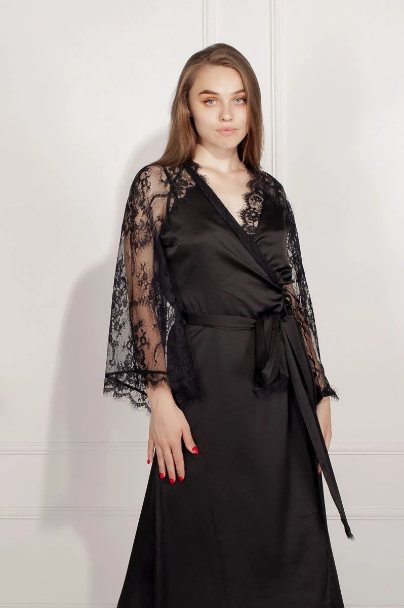 Жіночий шовковий халат довгий чорний модель 774 L/XL — фото 3, колір Чорний